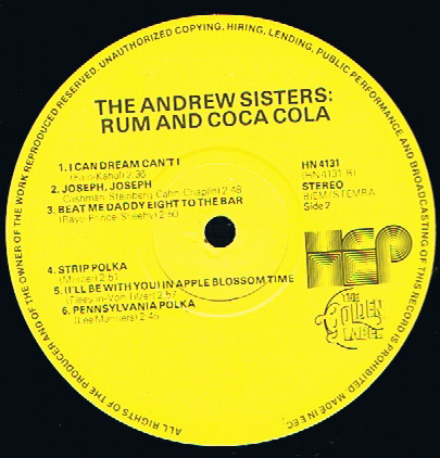 The Andrews Sisters  Rum And Coca Cola : LP B
